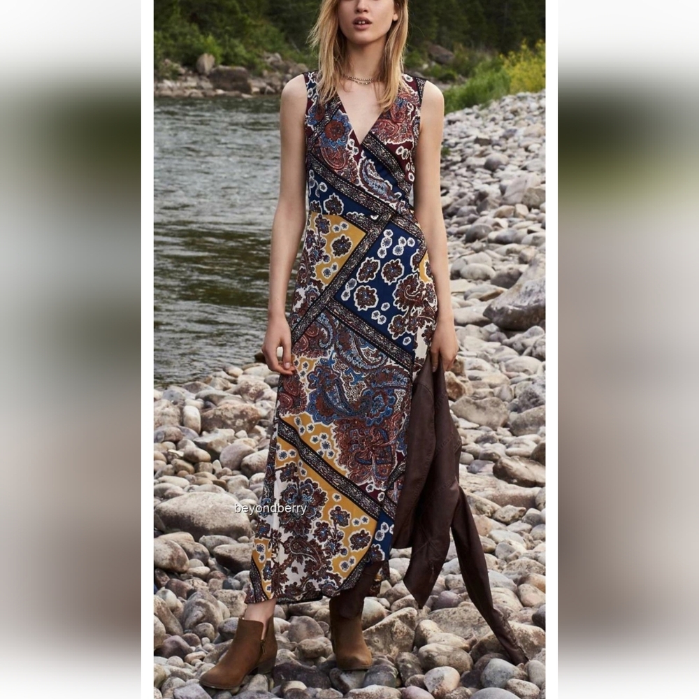 Anthropologie Tiny Midi Wrap Dress Small Petite Boho Mixed Media Indie Festival